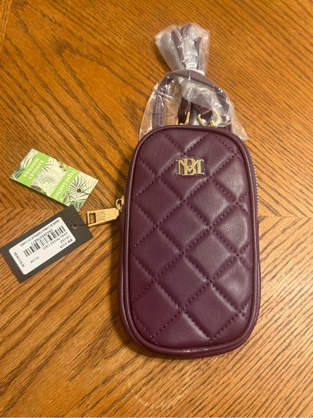 Badgley Mischka Plum Quilted Phone Crossbody Bag NWT Gold Logo